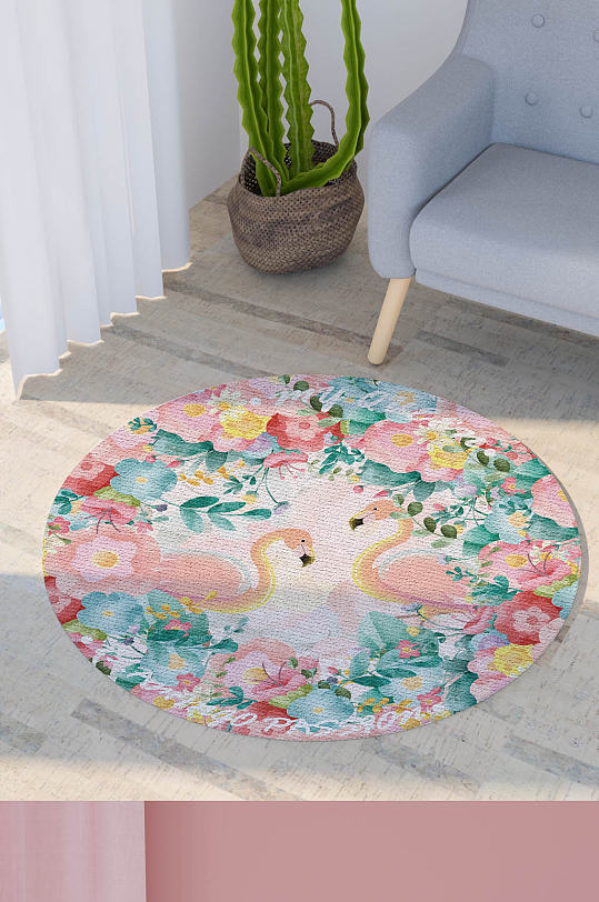 北欧唯美卡通花朵火烈鸟圆形地毯垫子印花图-众图网