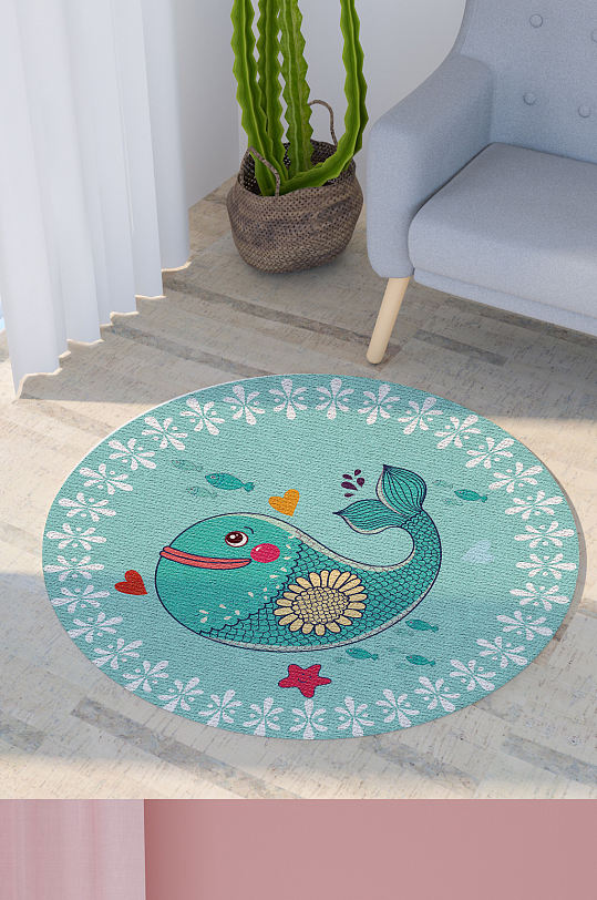 蓝色花纹印花可爱卡通海豚鲸鱼圆形地毯图
