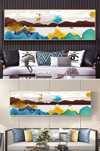 轻奢新中式山水风景抽象水墨线条床头高清图