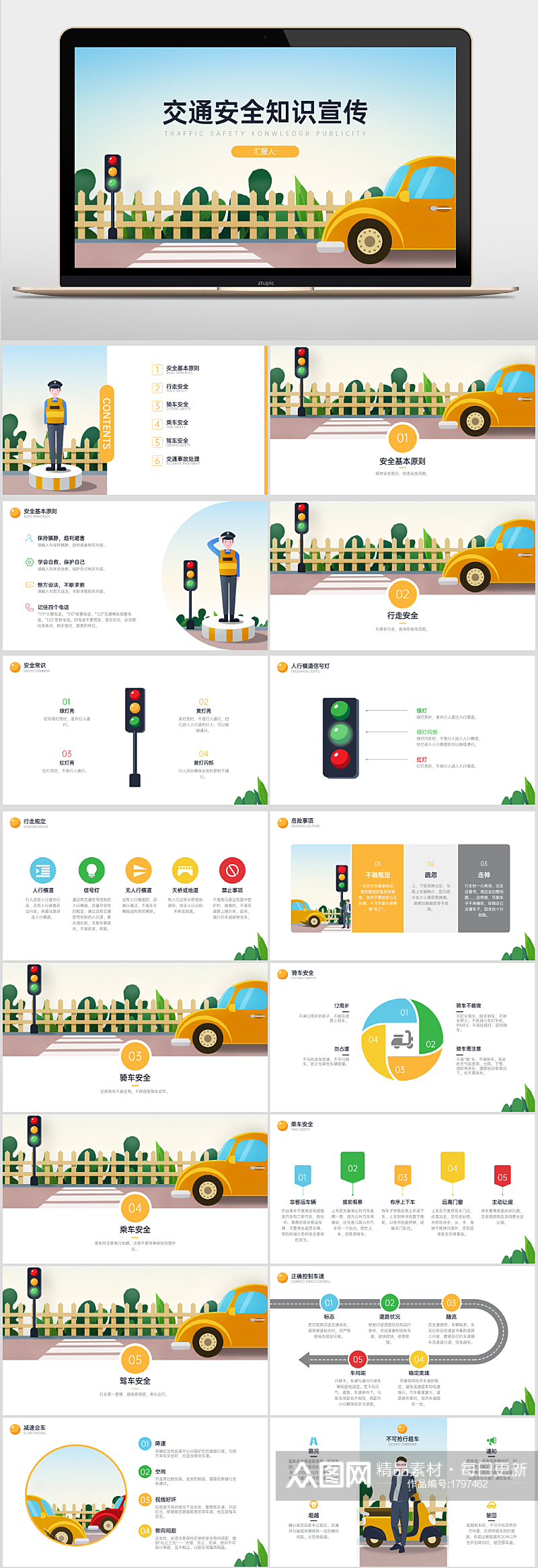 黄色卡通交通安全知识宣传PPT素材