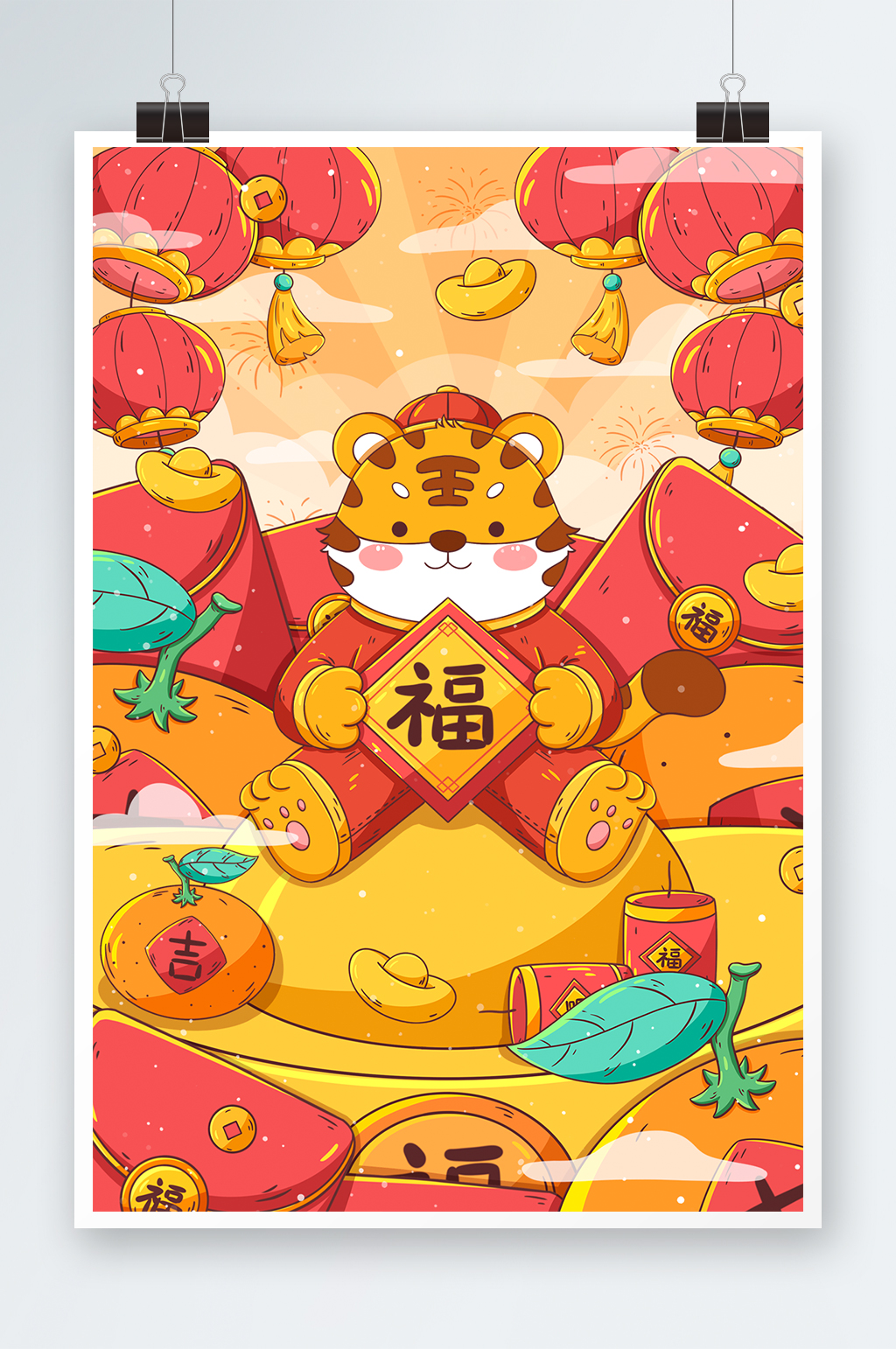 红色喜庆虎年大吉卡通插画素材