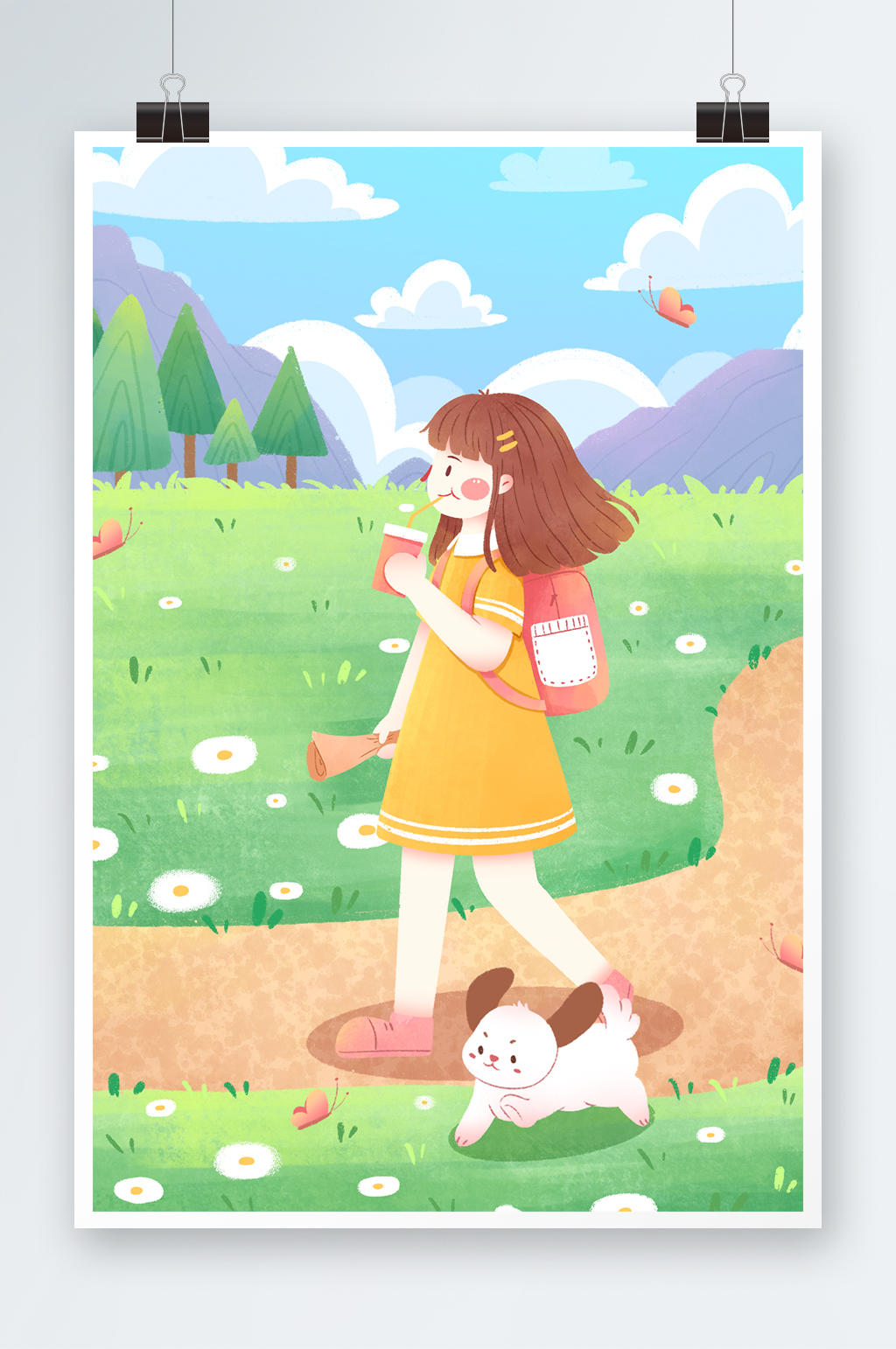 假期旅游女孩游玩插画素材