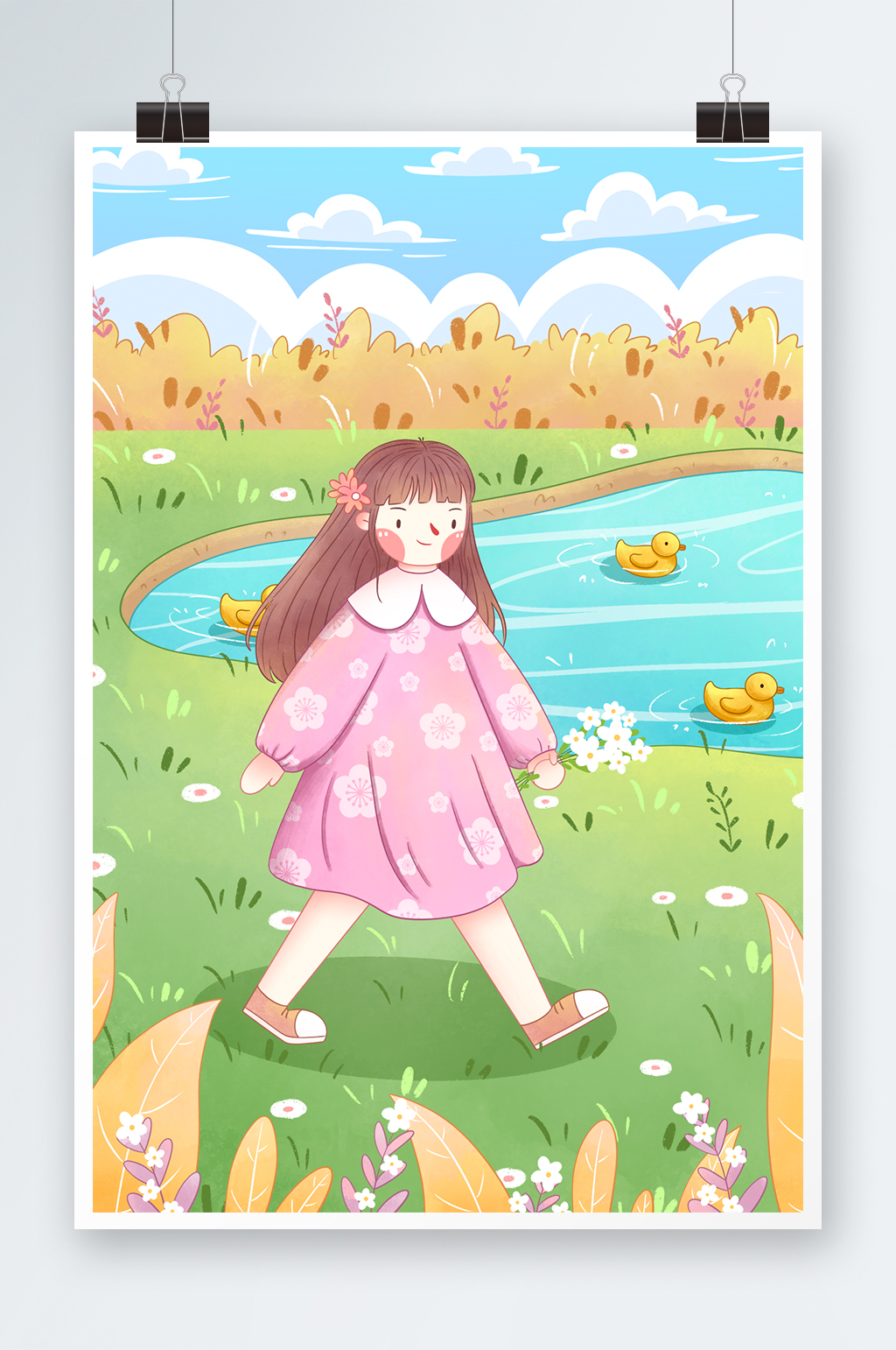 清新夏至夏天女孩插画素材