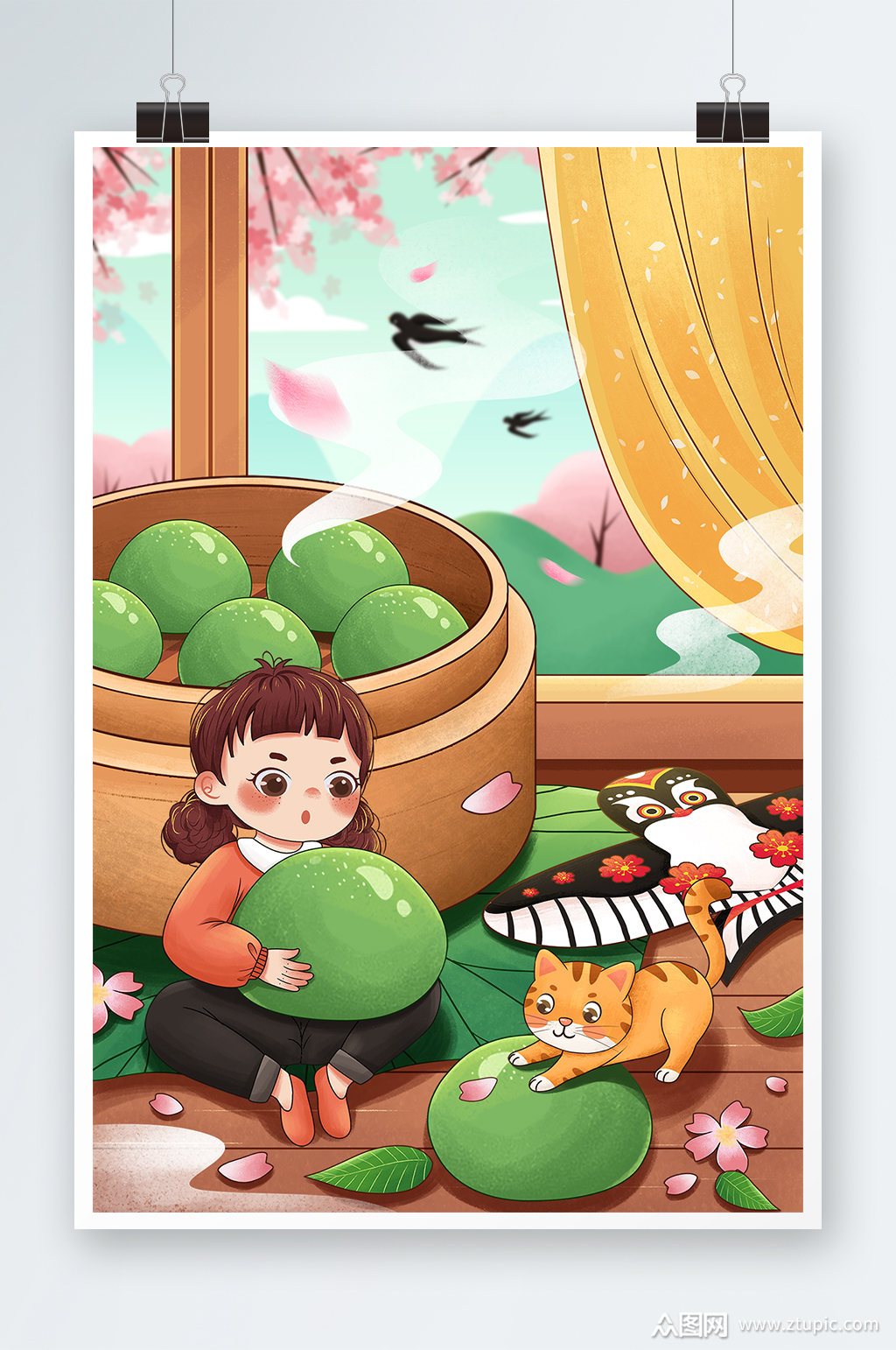 清新寒食节二十四节气清明节女孩吃青团插画素材