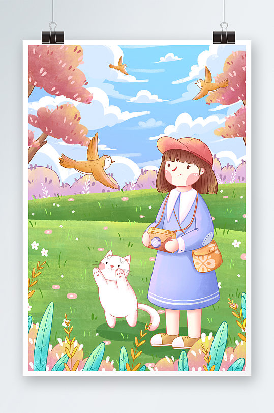 旅行旅游女孩郊游插画