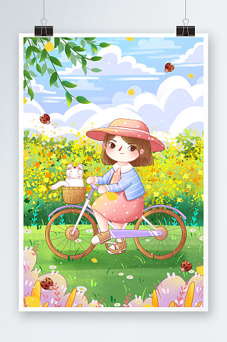 旅行旅游春天女孩骑自行车插画