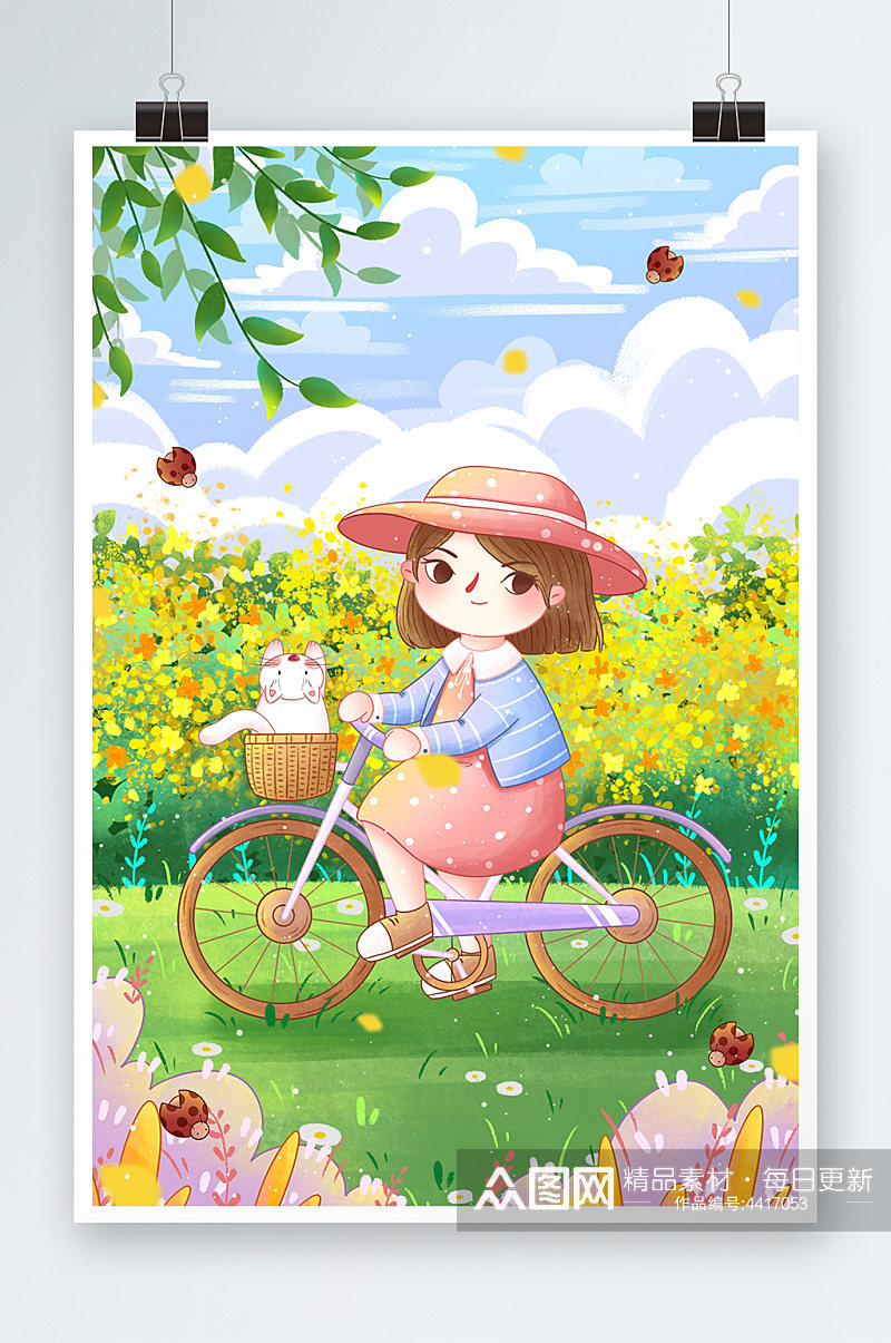 旅行旅游春天女孩骑自行车插画素材
