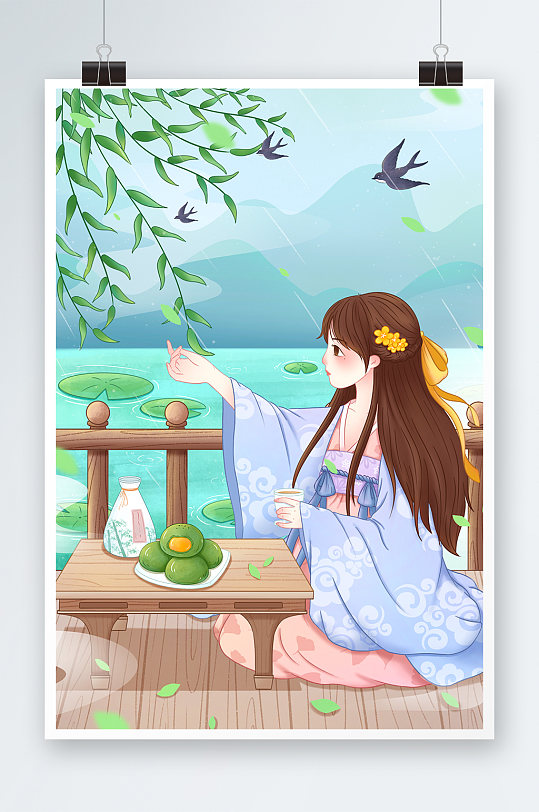 中国风清明节节气女孩插画