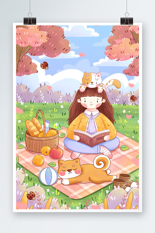 清新春天女孩野餐插画