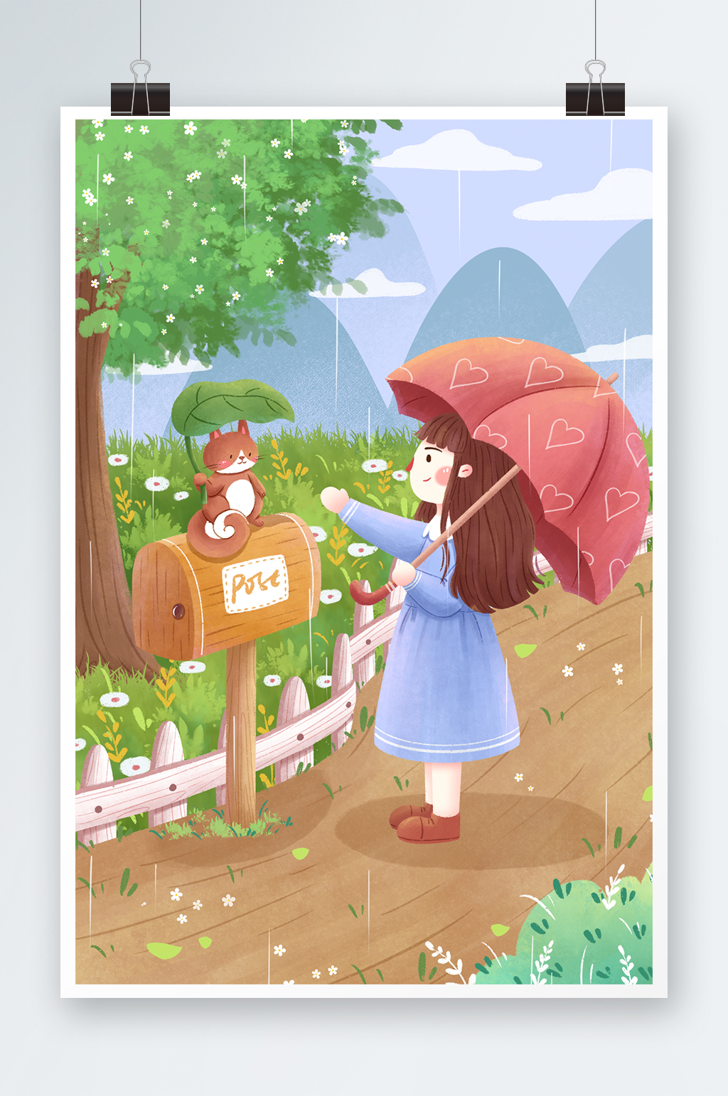 清新手绘谷雨节气女孩插画素材