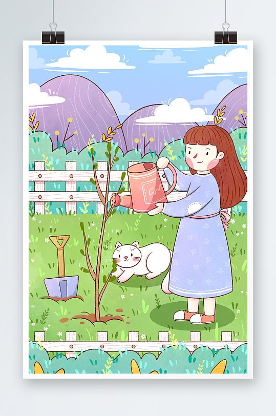 清新植树节女孩花园给树苗浇水插画