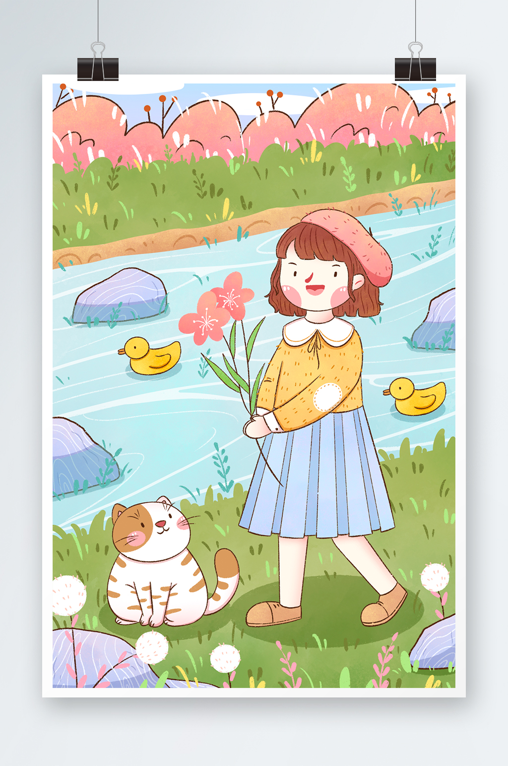 春分节气女孩河边散步插画素材