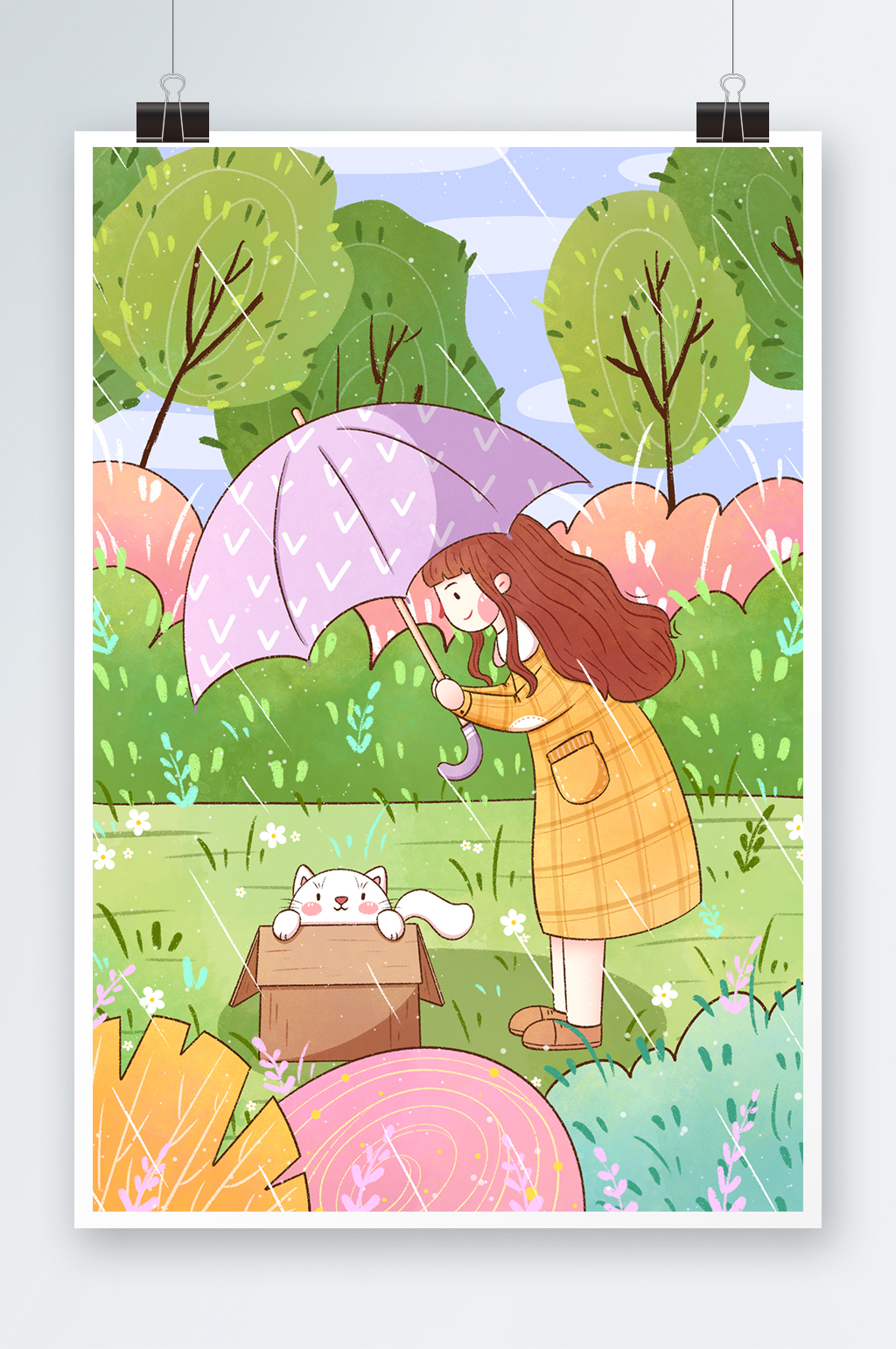 清新手绘下雨天女孩与猫咪插画素材