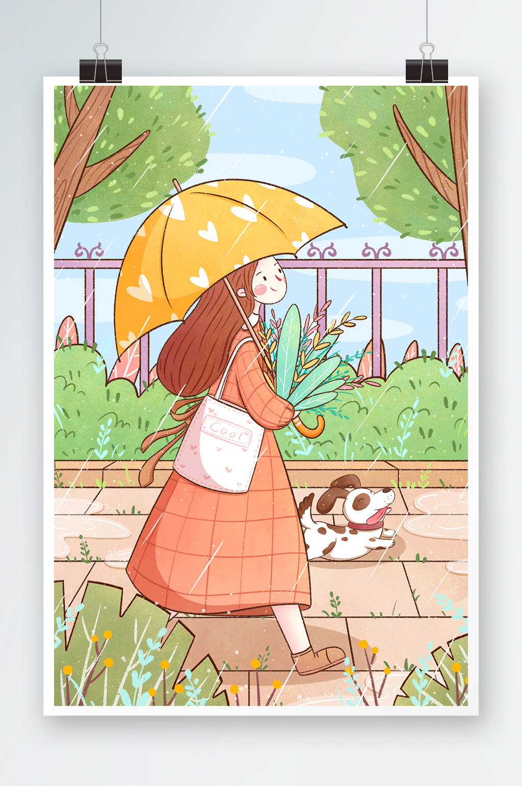 二十四节气雨水手绘清新女孩插画素材