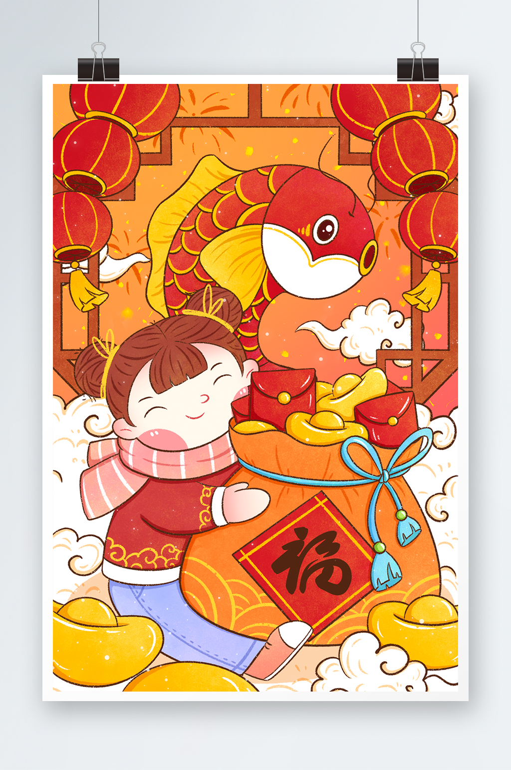2021红色喜庆牛年女孩与锦鲤插画素材