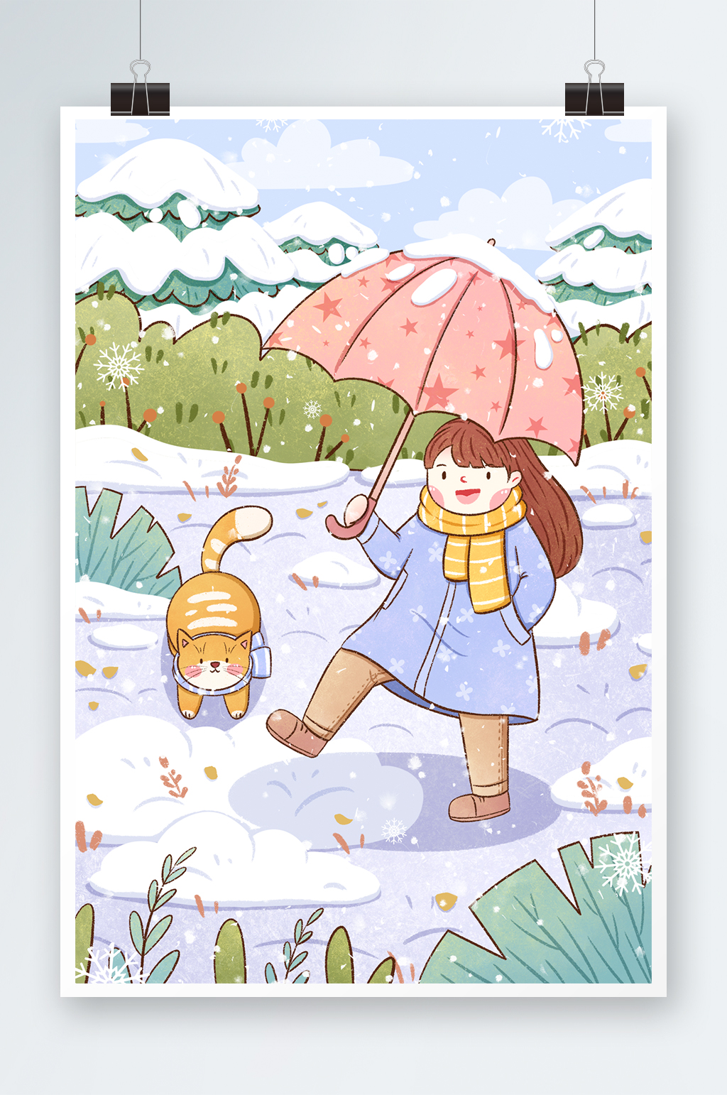 冬天女孩与猫咪户外玩耍插画素材