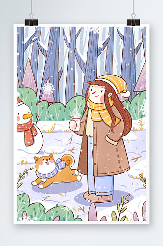 冬天女孩与柴犬在森林里插画