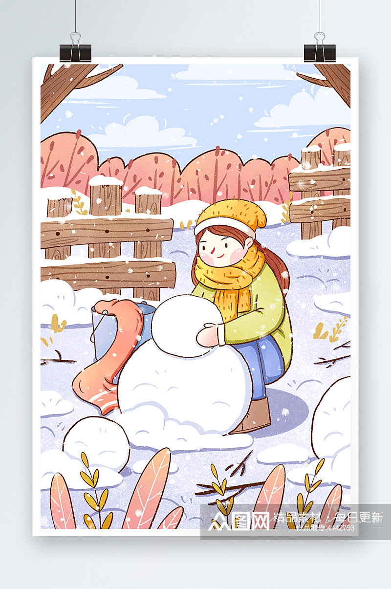 冬天女孩户外堆雪人插画素材