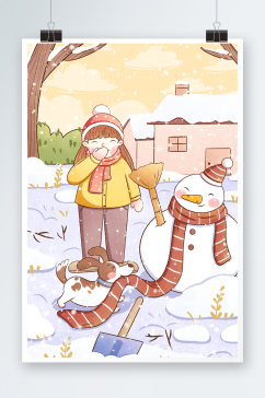 大雪节气女孩与小狗一起堆雪人插画