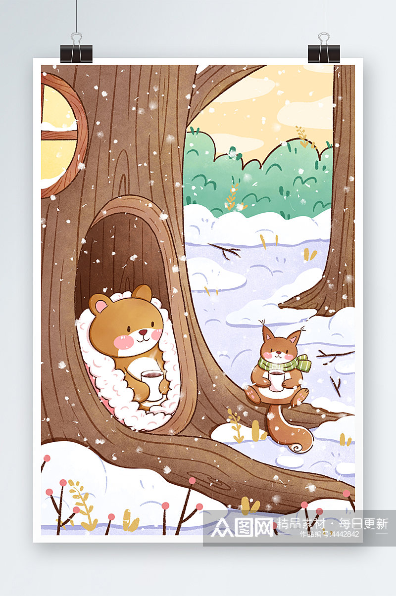 大雪节气松鼠与小熊一起喝热饮插画素材