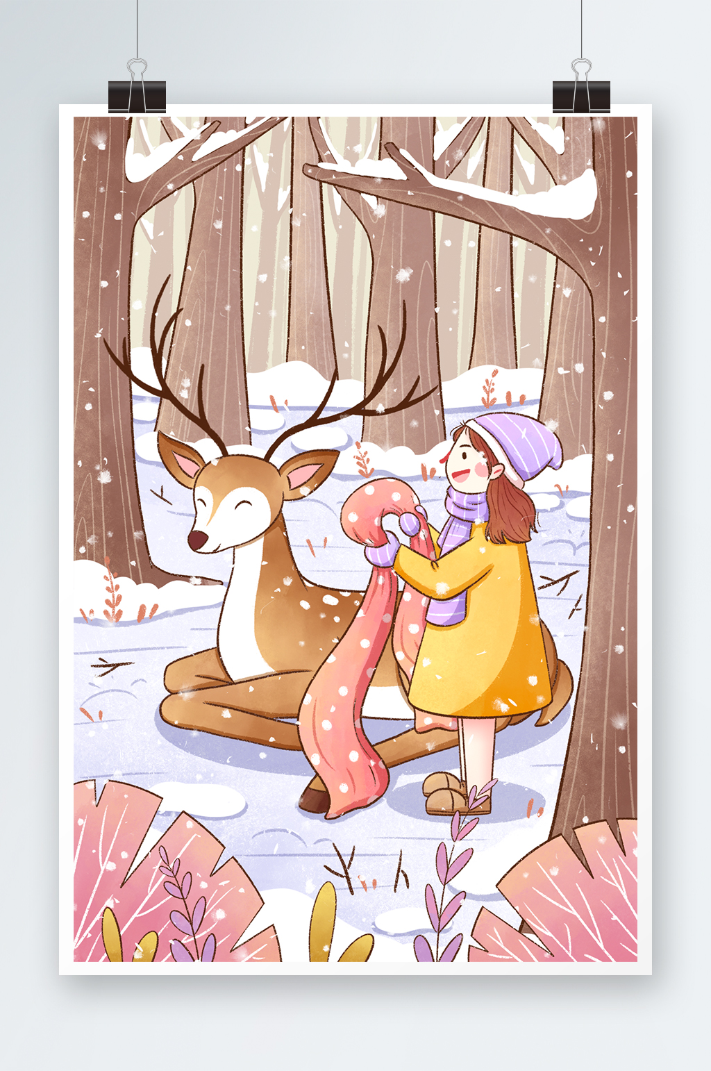 大雪节气女孩与鹿插画