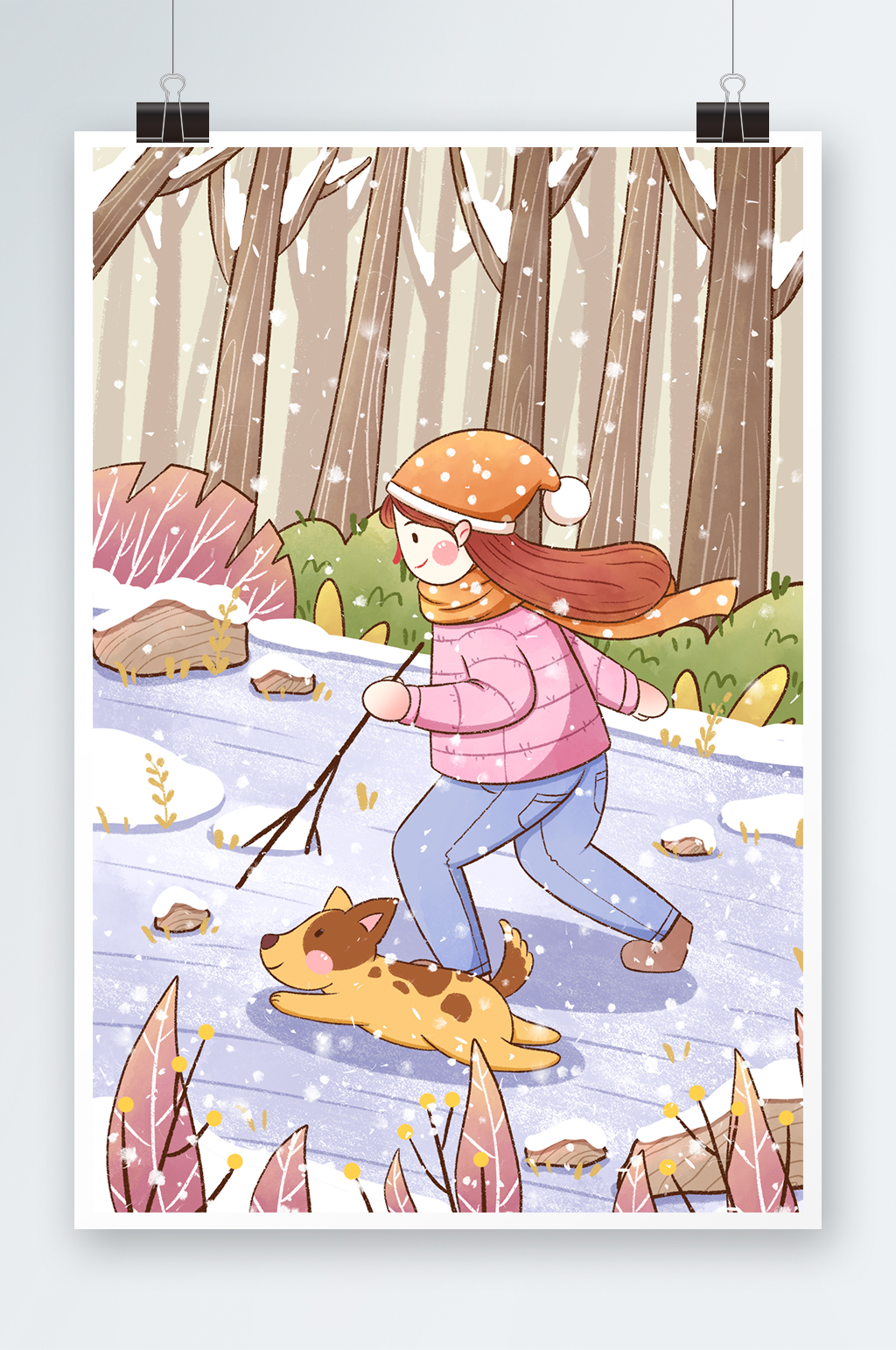 清新大雪节气女孩与小狗散步插画