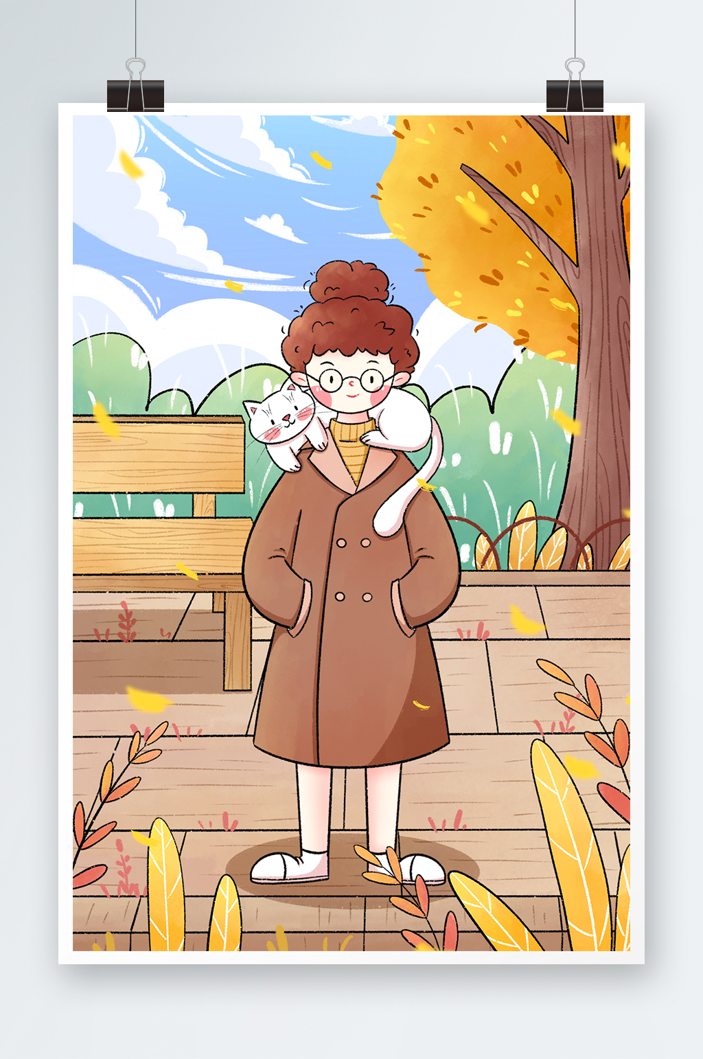 清新秋季女孩与猫咪手绘插画素材