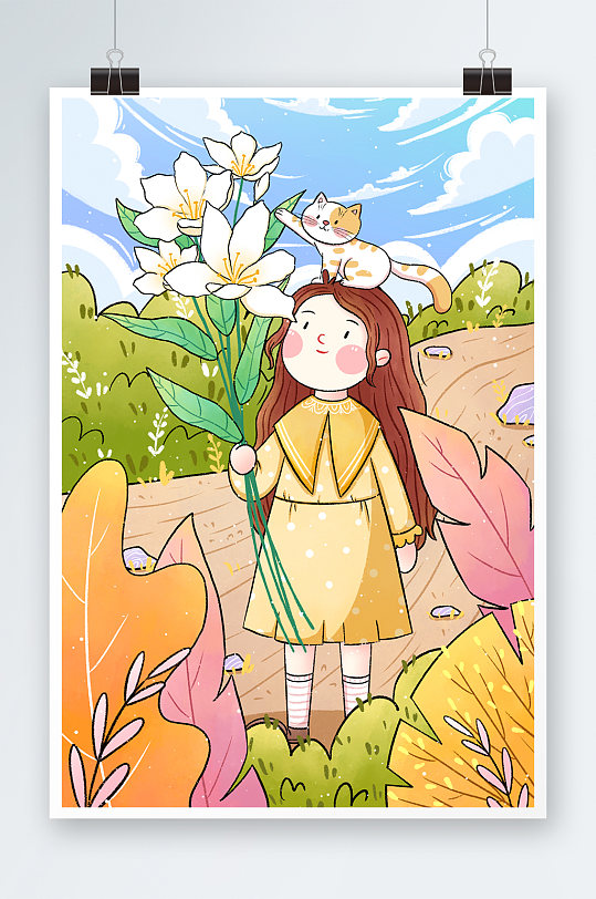 清新手绘女孩拿着花插画