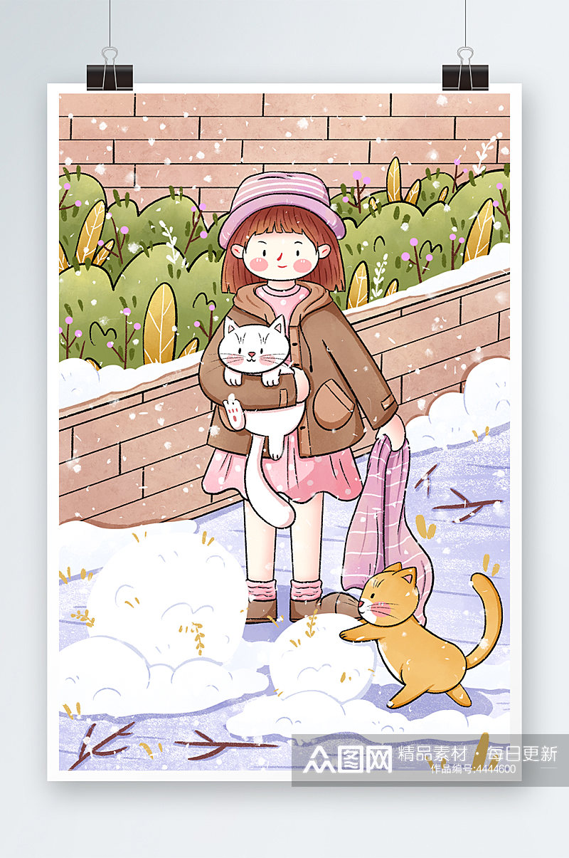 小雪大雪节气女孩与猫咪一起堆雪人插画素材