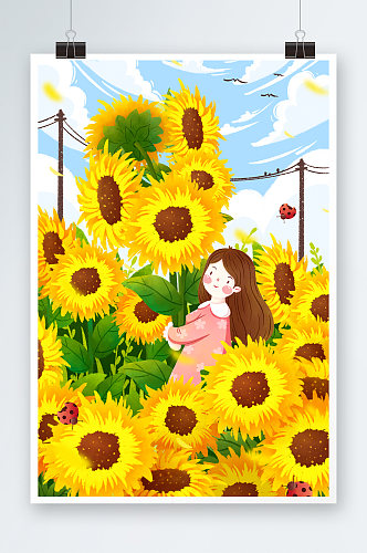 清新手绘女孩与向日葵插画