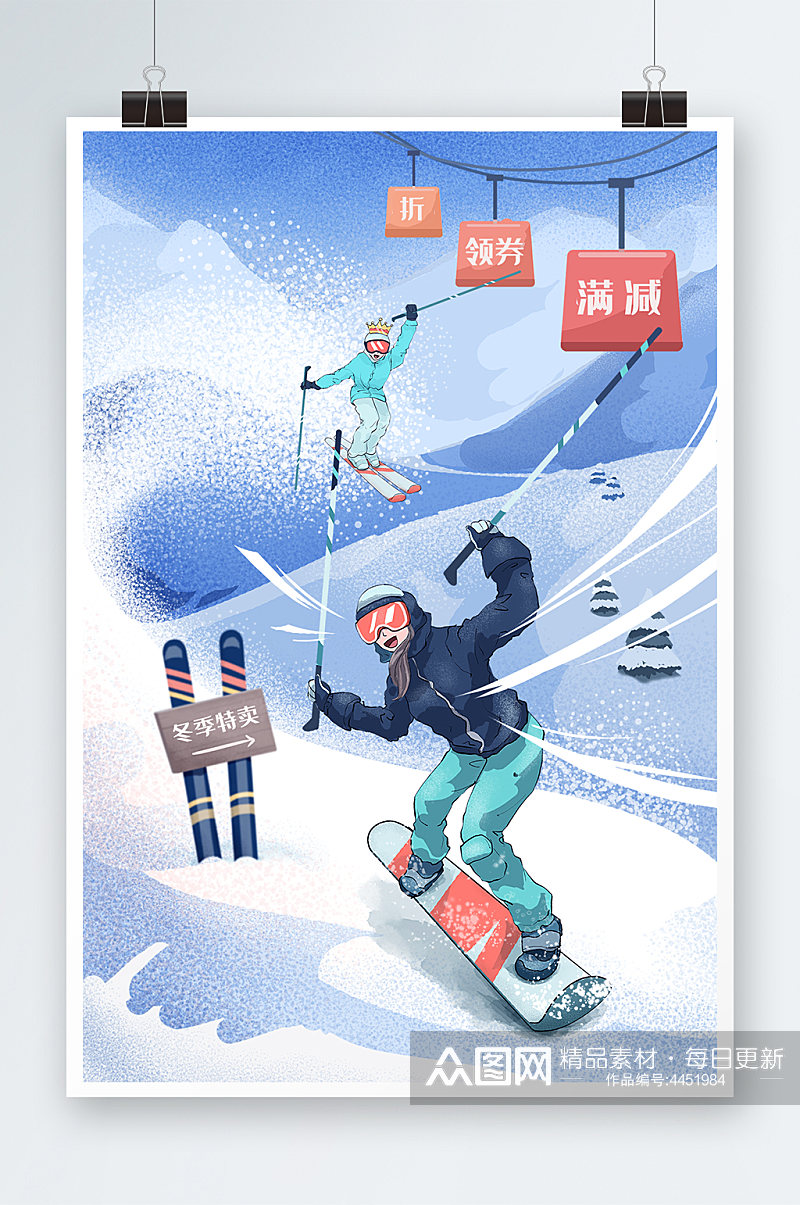 冬季奥运滑雪运动人物雪山缆车购物店铺插画素材