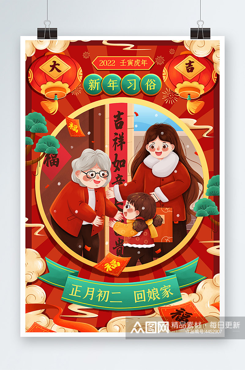 喜庆新年年俗正月初二回娘家春节插画素材