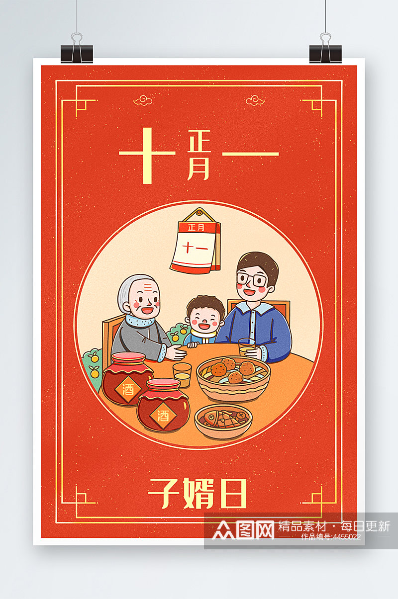 中国新年春节年俗正月十一子婿日插画素材