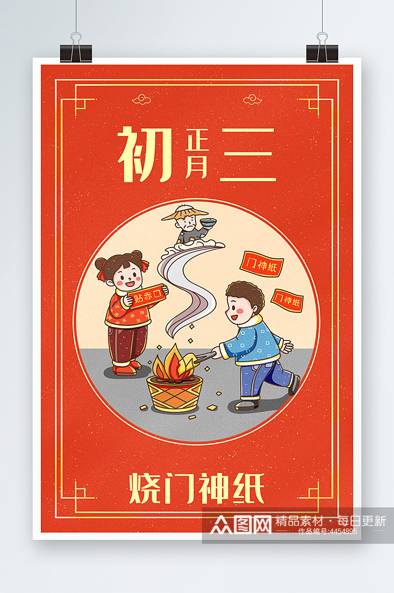 中国新年春节年俗正月初三烧门神纸插画素材