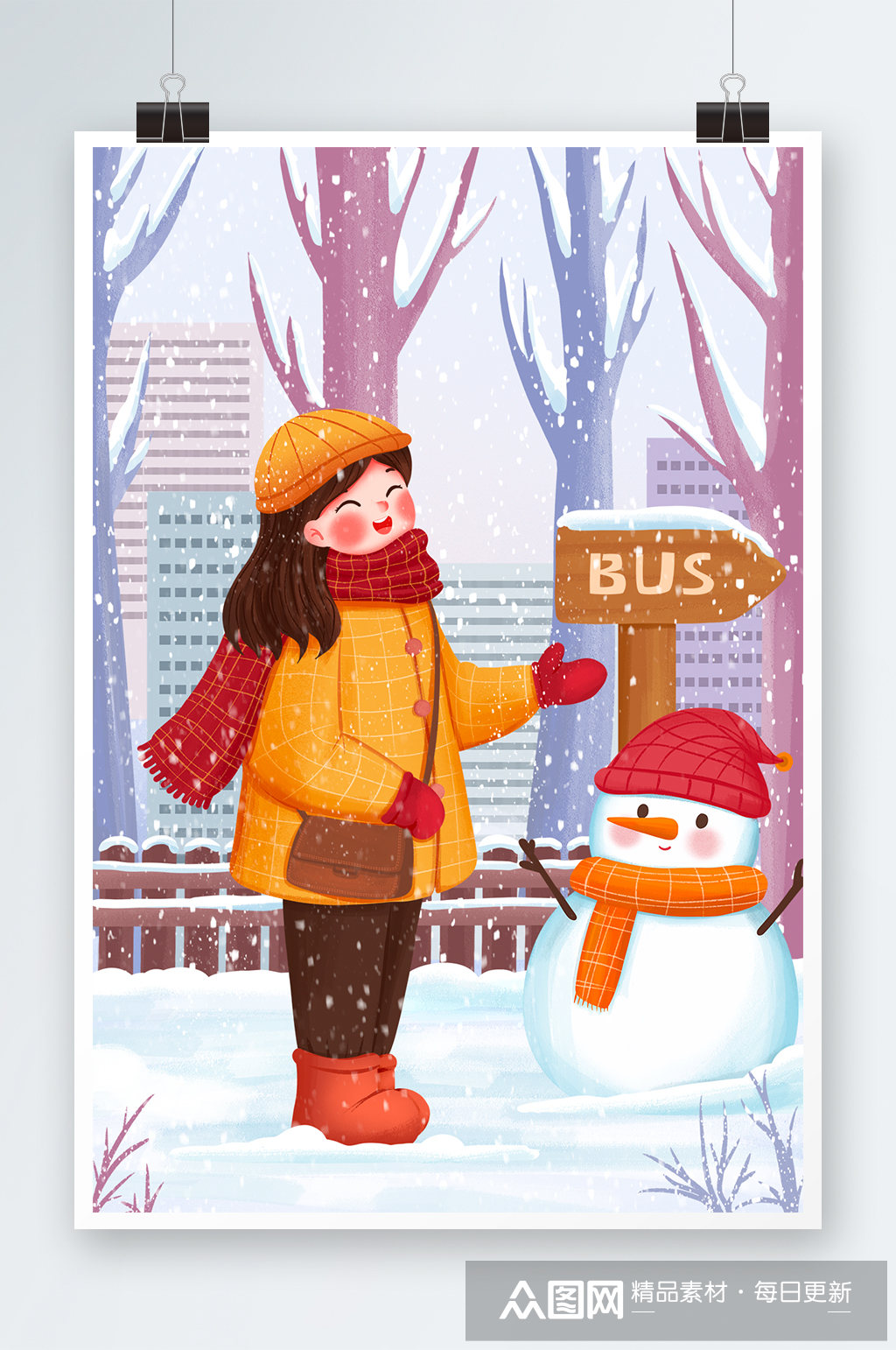 卡通可爱冬季雪天出门的女孩