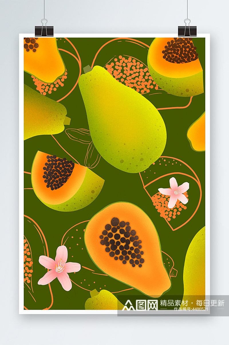 黄色绿色木瓜水果元素小清新风背景插画素材