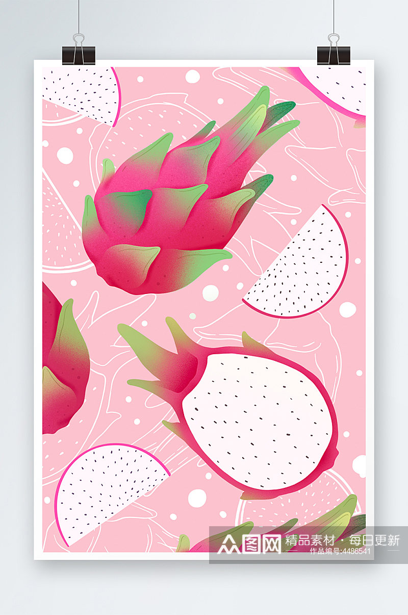粉色小清新火龙果水果素材背景插画素材