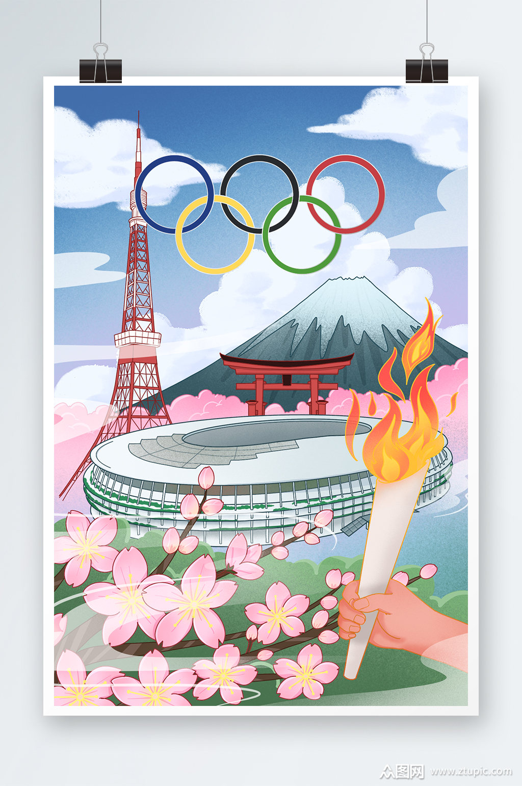 蓝色2021东京奥运会国潮风插画素材