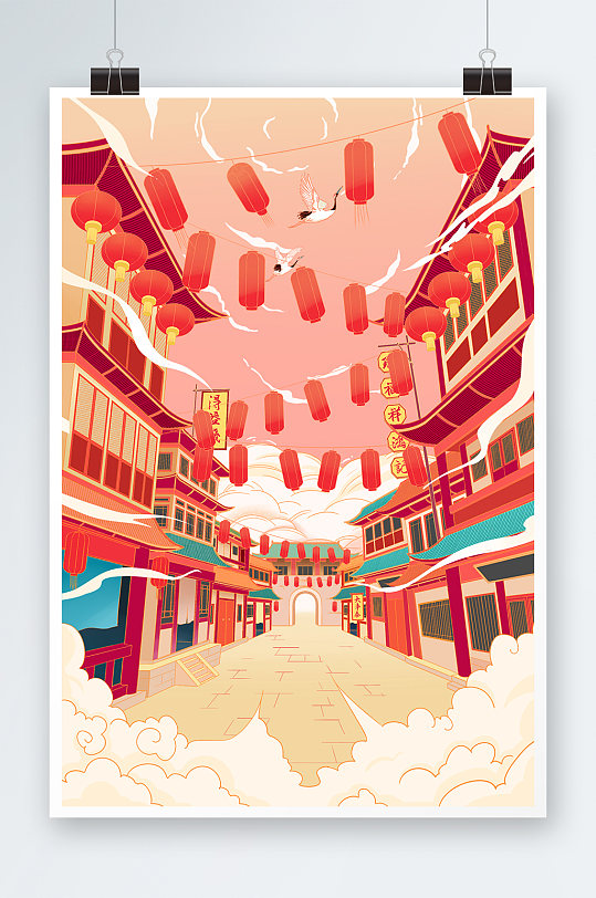 红色古代中国风国潮街道建筑灯笼插画