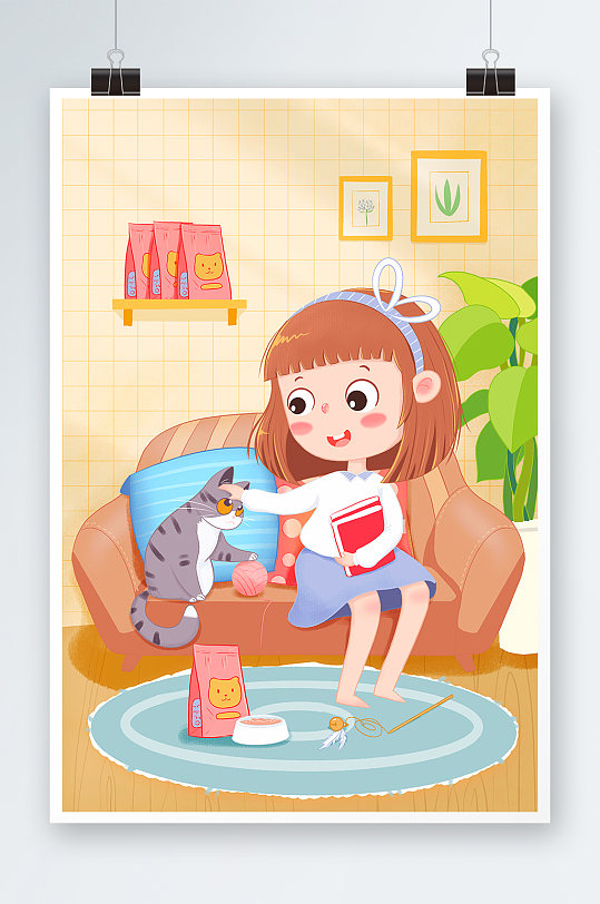 暖色温馨手绘扁平风室内女孩宠物猫玩耍插画