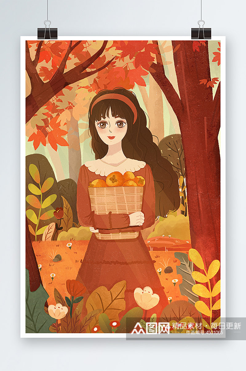 桔色唯美扁平风抱着柿子的女孩立秋节气插画素材