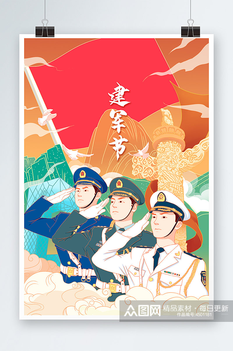 国潮中国风八一建军节敬礼插画素材