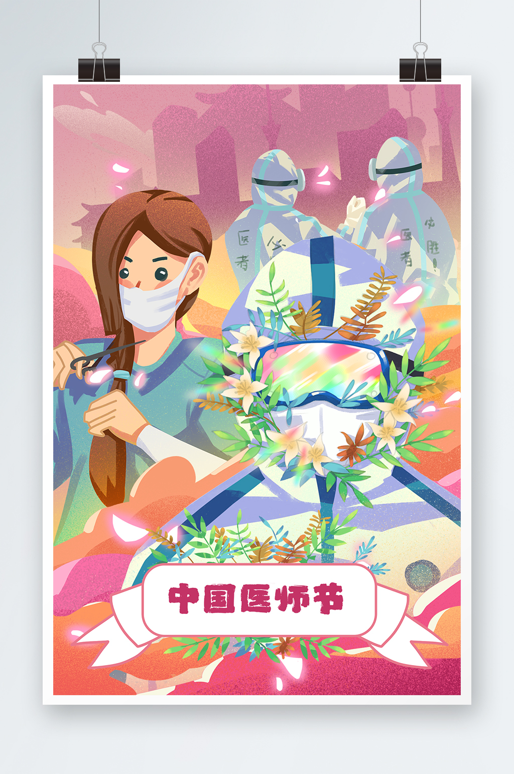 中国医师节抗疫城市英雄扁平风插画素材