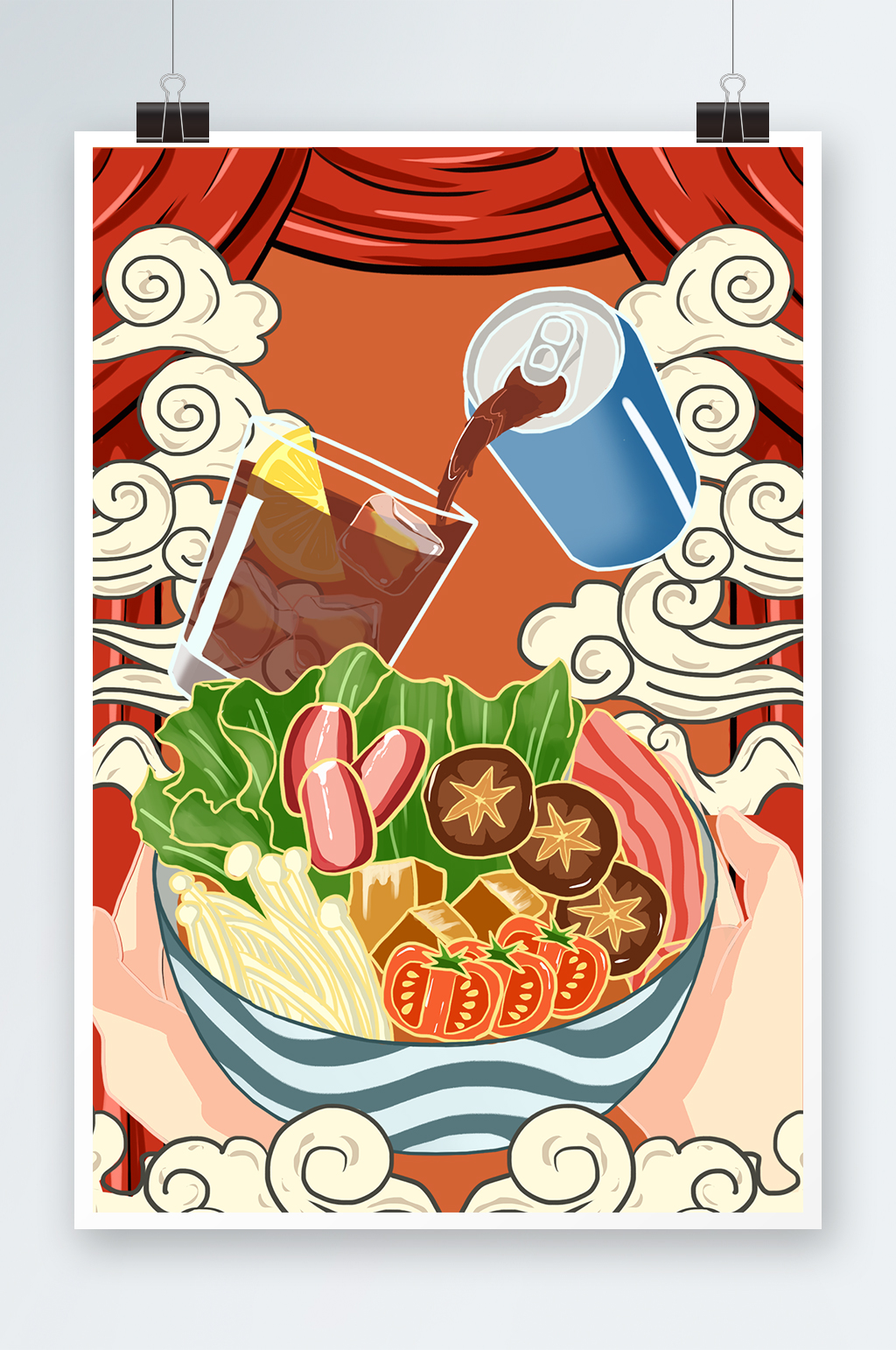 手绘美味麻辣烫美食冰镇可乐金针菇香菇插画素材