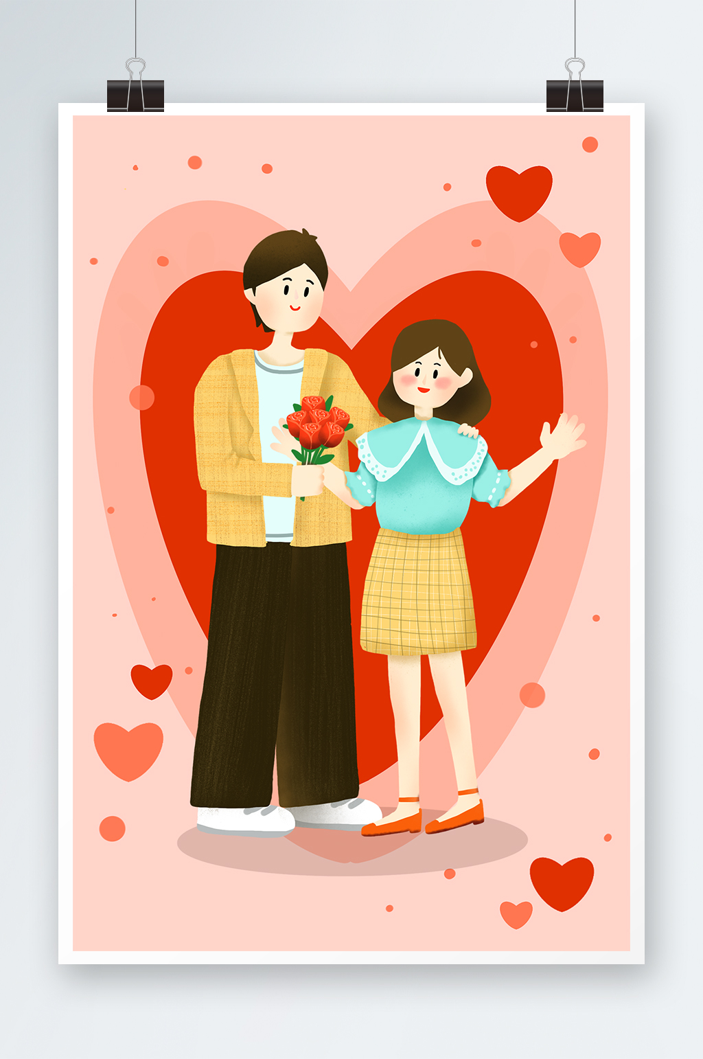 红色温暖七夕情人节手绘插画素材