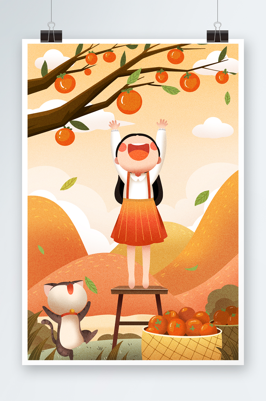 摘果实的小女孩插画摘草莓图片二十四节气立秋之小女孩在果园摘橘子