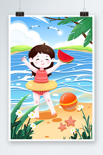 大暑节气女孩避暑海边吃西瓜海星绿色插画