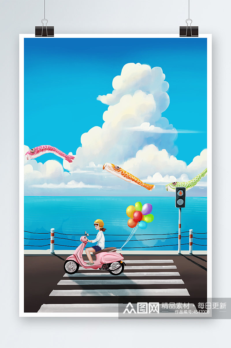 蓝色夏天小暑女孩在海边骑电动车插画素材