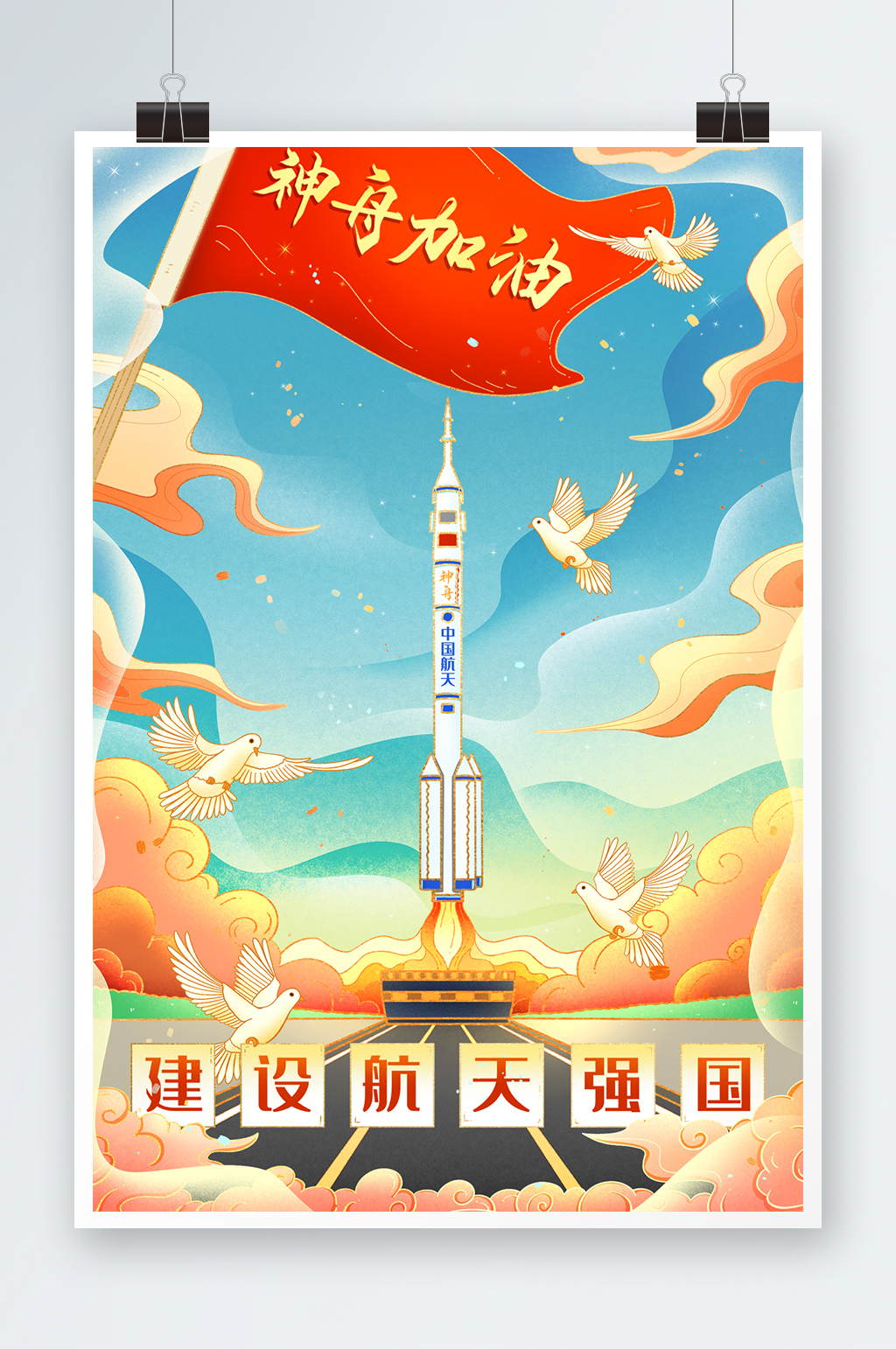 国潮神舟飞船发射喜迎建党100周年插画素材