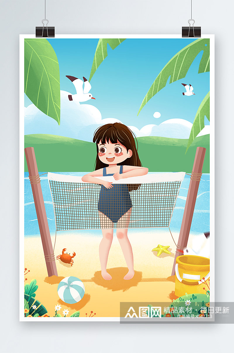 旅游户外沙滩女孩泳衣螃蟹玩具蓝天海鸥插画素材